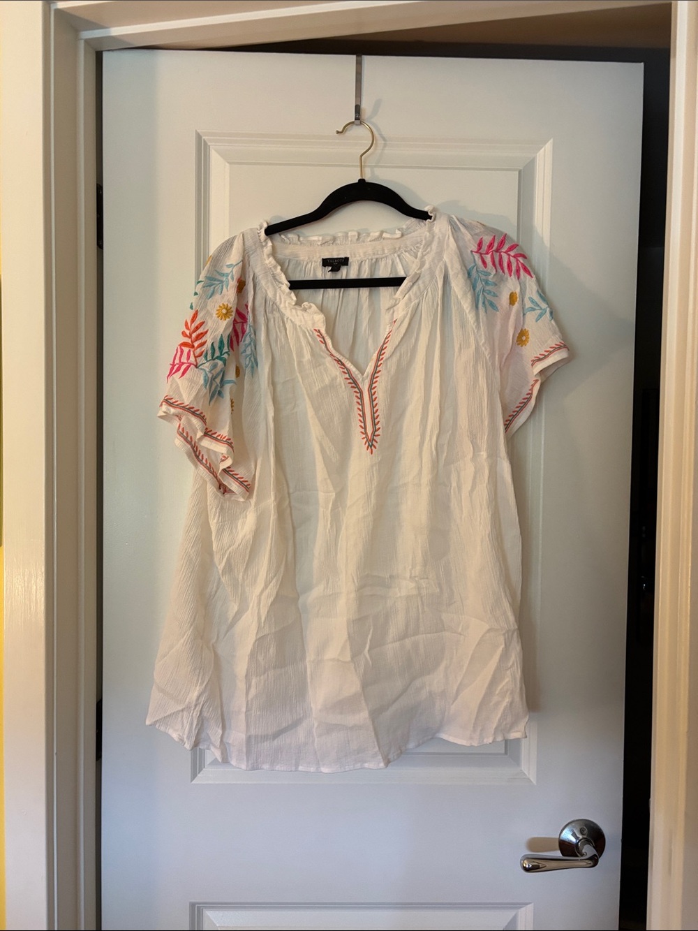 Embroidered White Peasant Top with Colorful Floral Accents
